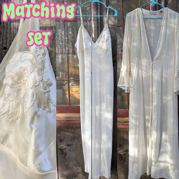 Valerie Stevens Intimates Matching Sheer Nightgown & Robe Pearl Embroidered Sz M - Picture 1 of 15